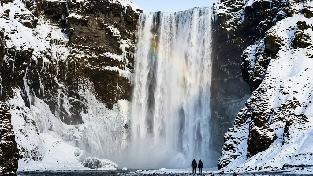 Skógafoss waterfall in winter between snowy cliffs, with a faint rainbow in the spray