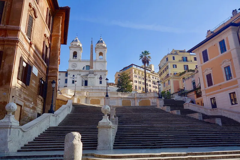 The Spanish Steps climbing to the twin towers of Trinità dei Monti in Rome