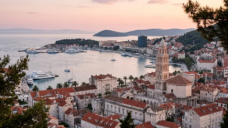 Split from Marjan hill at dusk, the cathedral bell tower above the old town and harbor