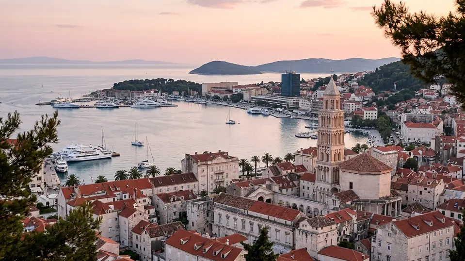 Split from Marjan hill at dusk, the cathedral bell tower above the old town and harbor