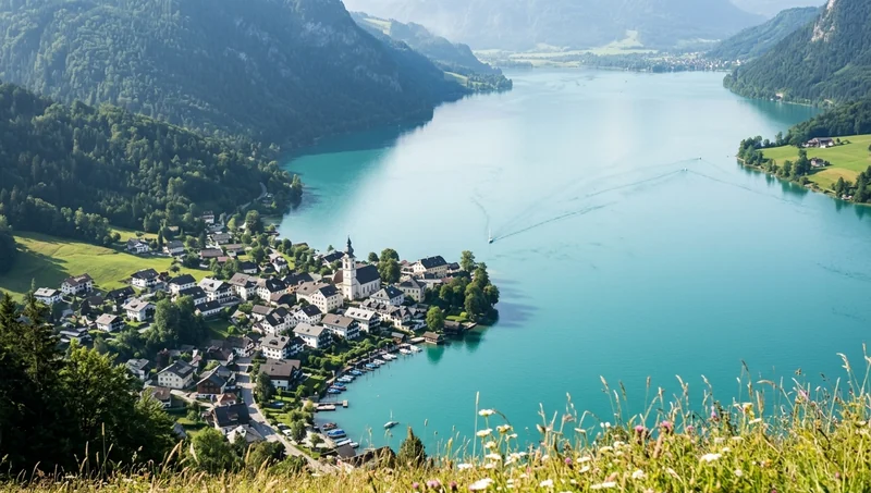 St. Gilgen and the turquoise Wolfgangsee seen from a wildflower meadow above the village