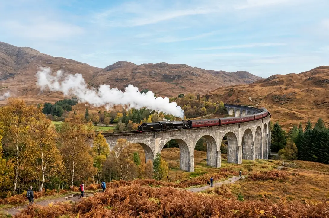 A steam train with maroon carriages crossing the curved Glenfinnan Viaduct among autumn hills