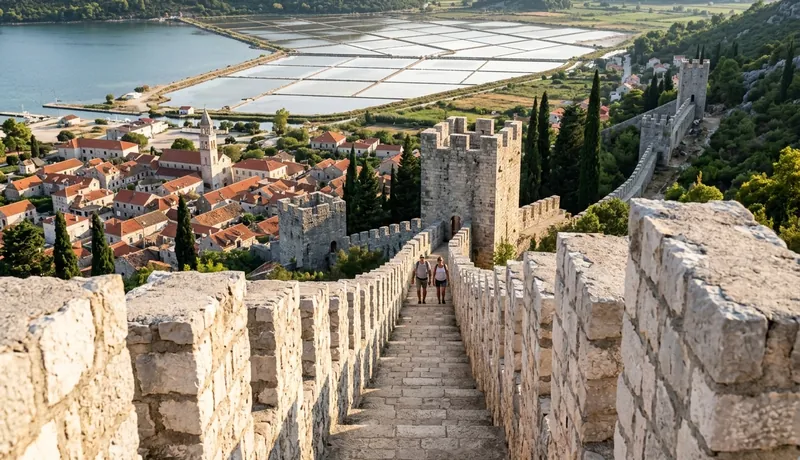 Two walkers on the stepped medieval walls of Ston, above red roofs and the salt pans