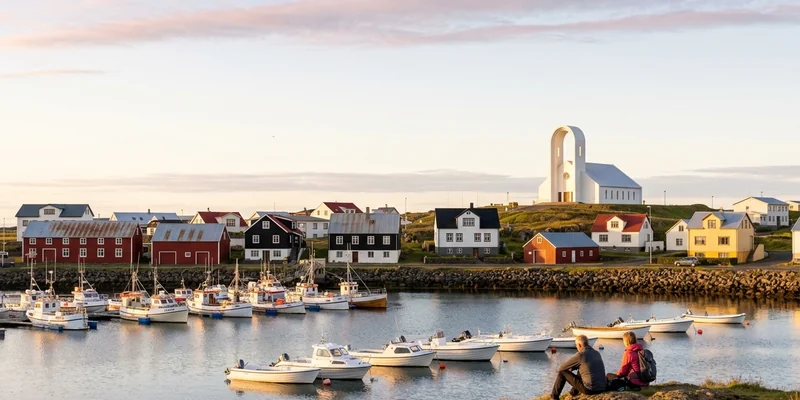 Fishing boats in Stykkishólmur harbor below painted houses and the white church at sunset