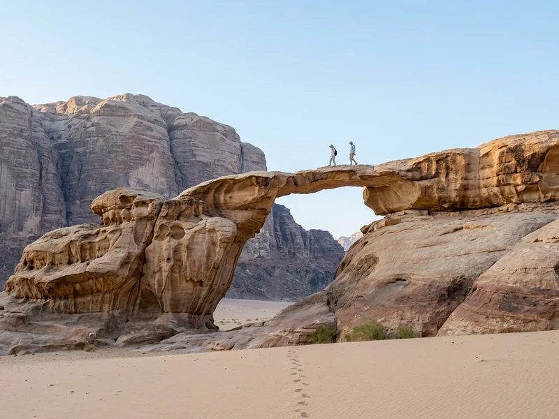 Two hikers crossing the Umm Fruth rock bridge in Wadi Rum, with sandstone cliffs behind