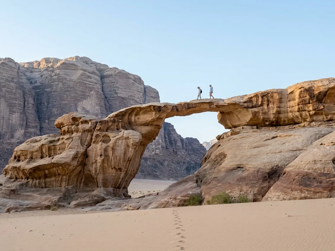 Two hikers crossing the Umm Fruth rock bridge in Wadi Rum, with sandstone cliffs behind