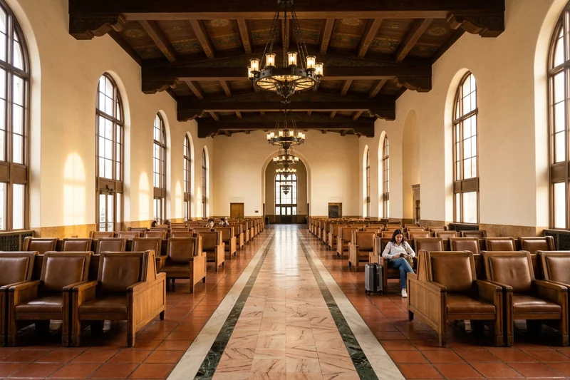 Rows of leather armchairs under the iron chandeliers of the Union Station waiting room, Los Angeles