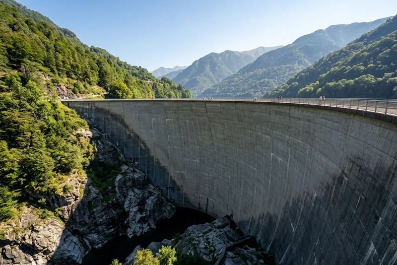 The curved concrete wall of the Verzasca Dam across a forested gorge in Ticino