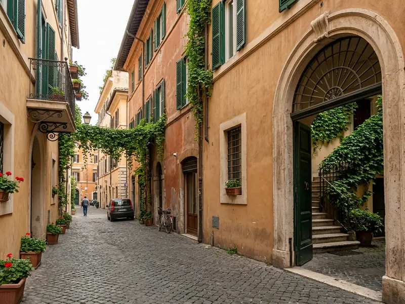 Via Margutta in Rome, a cobbled lane of ochre houses with green shutters and ivy