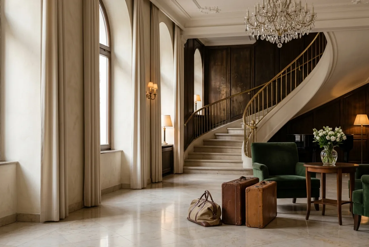 Two old leather suitcases on the marble floor of a quiet hotel lobby in Vienna