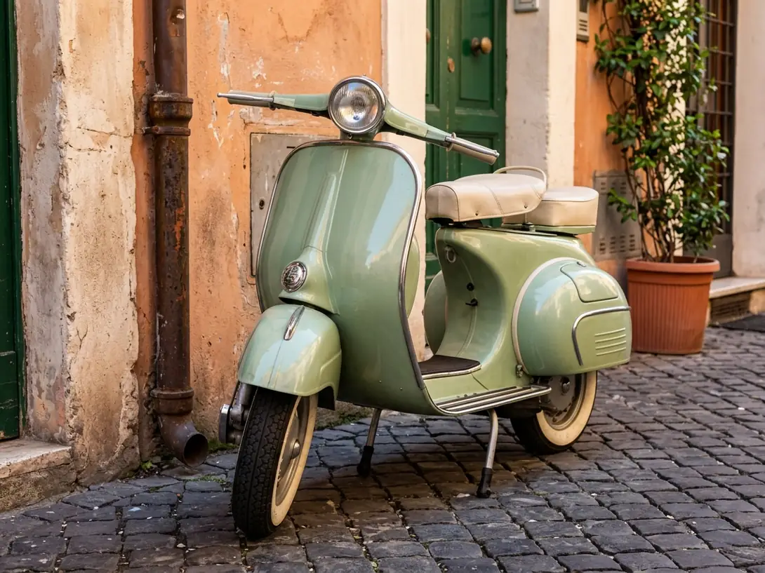 A vintage pale green scooter parked on cobblestones against a weathered orange wall in Rome
