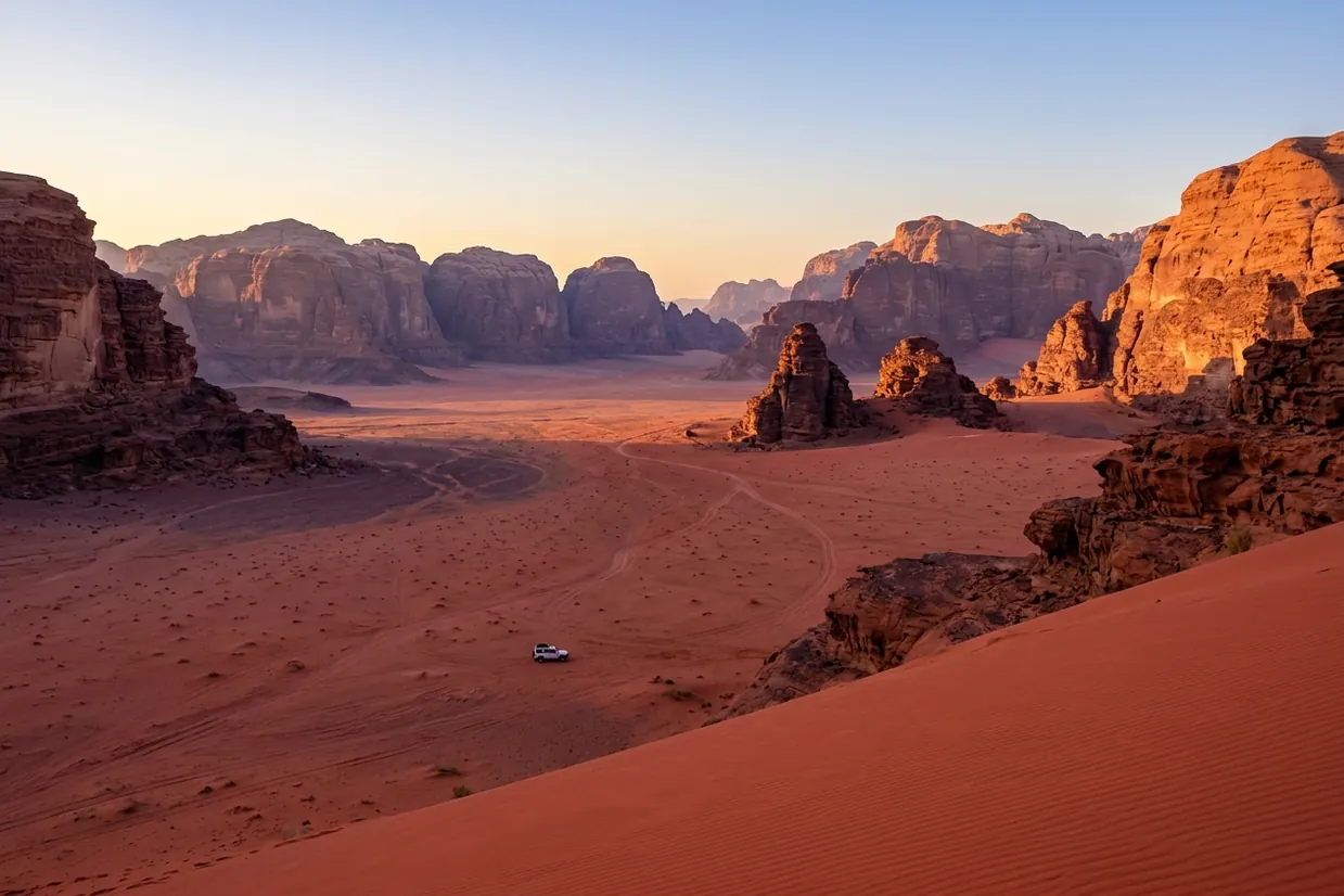 Red dunes and sandstone towers of Wadi Rum at sunset, with a lone white jeep