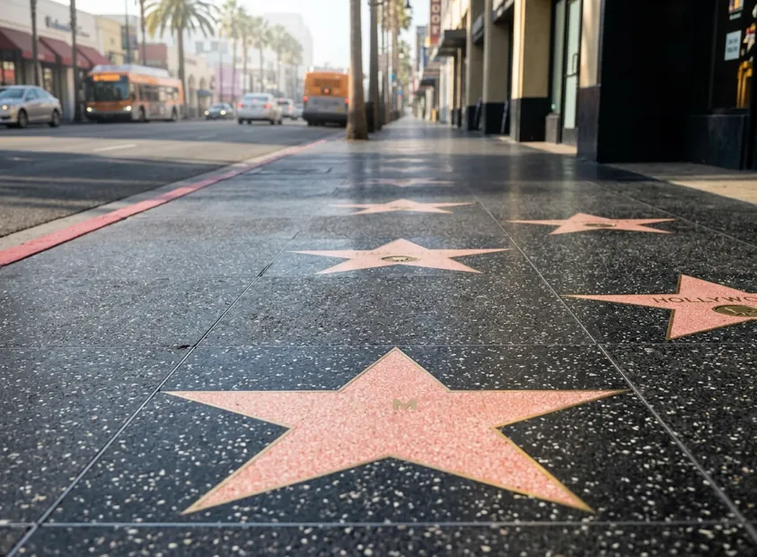 Pink terrazzo stars of the Walk of Fame on Hollywood Boulevard, with palms and buses beyond