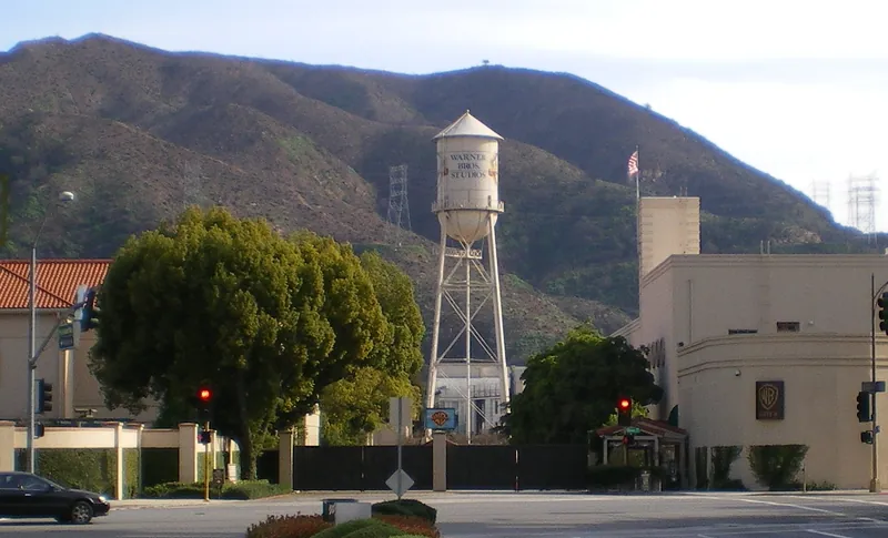 Warner Bros. Studios water tower and Gate 4 in Burbank seen from the street