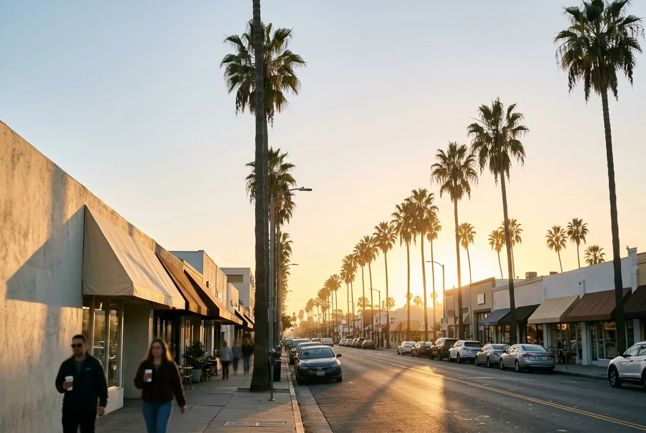 Shopfronts with canvas awnings and tall palms along West 3rd Street in Los Angeles