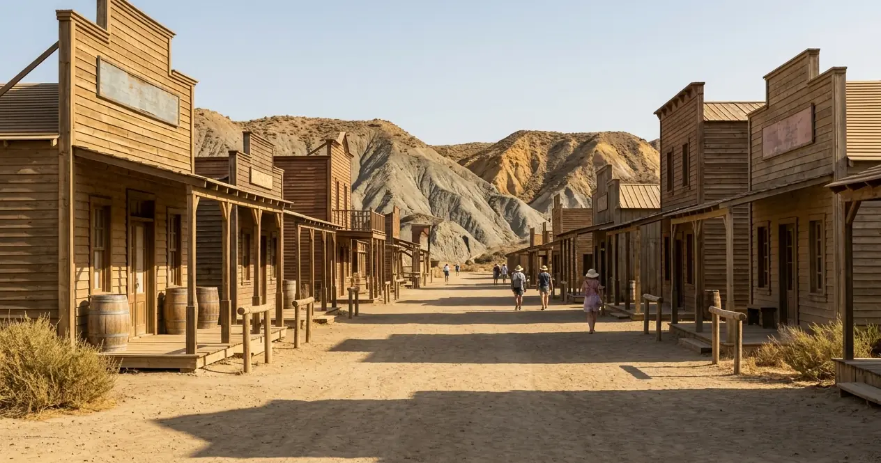 Visitors walking down the sandy main street of a wooden western film set in Tabernas, Almería